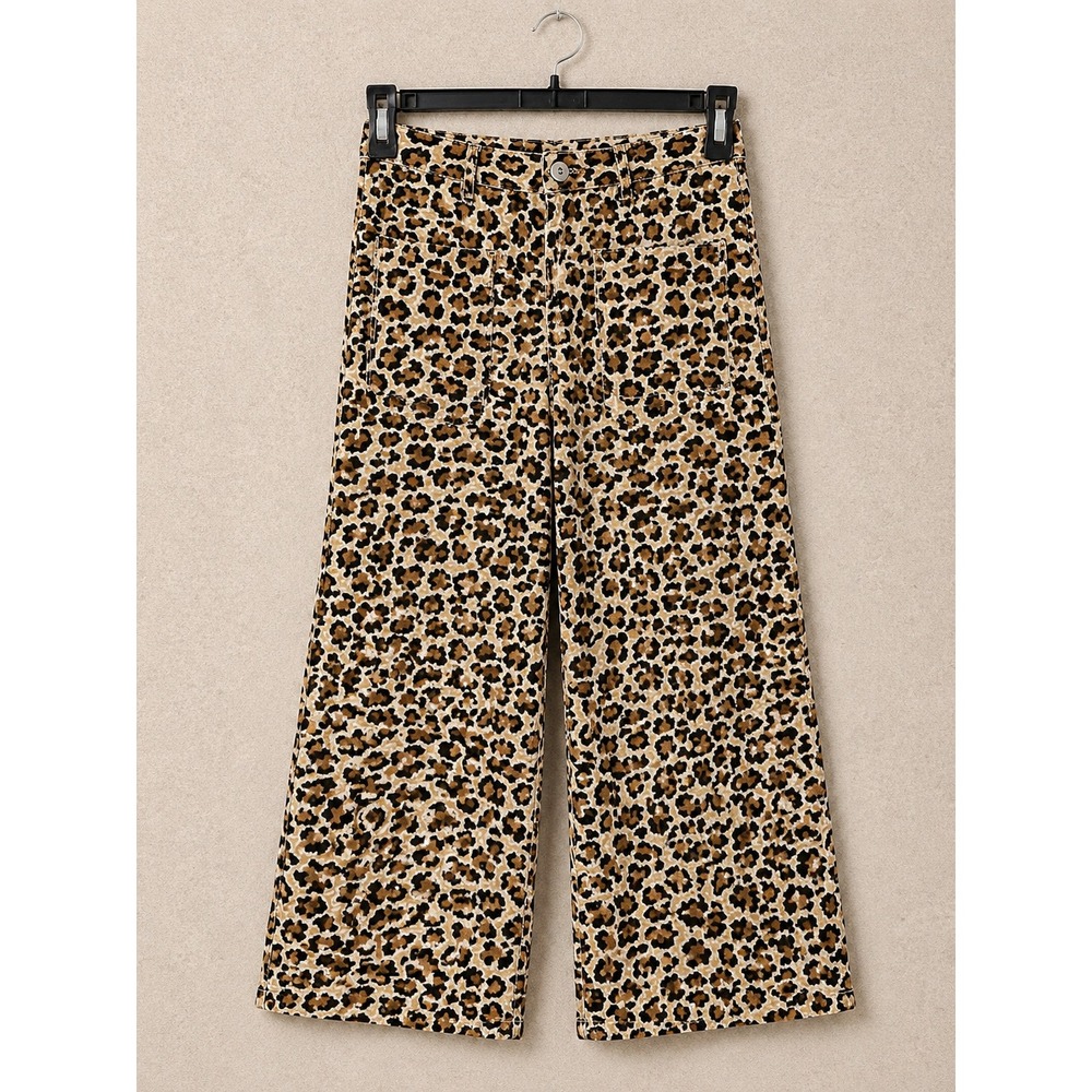 Maeve Women Pants 27 Brown Leopard Print Wide Leg High Rise Cropped Jacquard